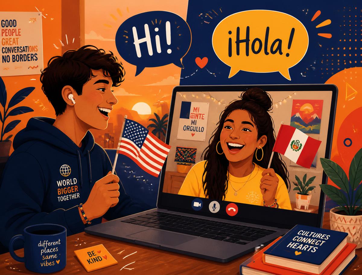 Jovens conversando em inglês e espanhol por videochamada